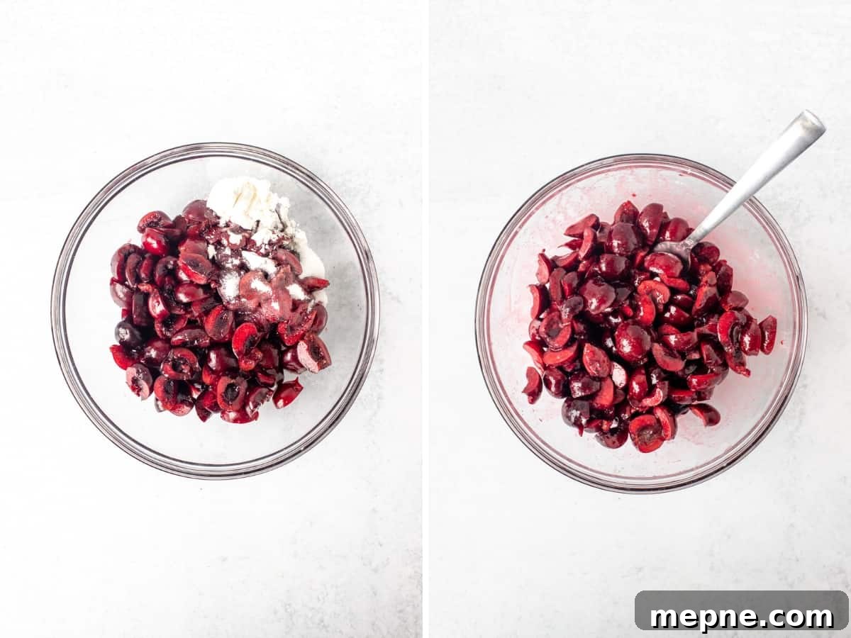 Homemade Cherry Crumb Bars Recipe 3 Bowl of cherry filling ingredients, and bowl of cherry filling ingredients mixed together