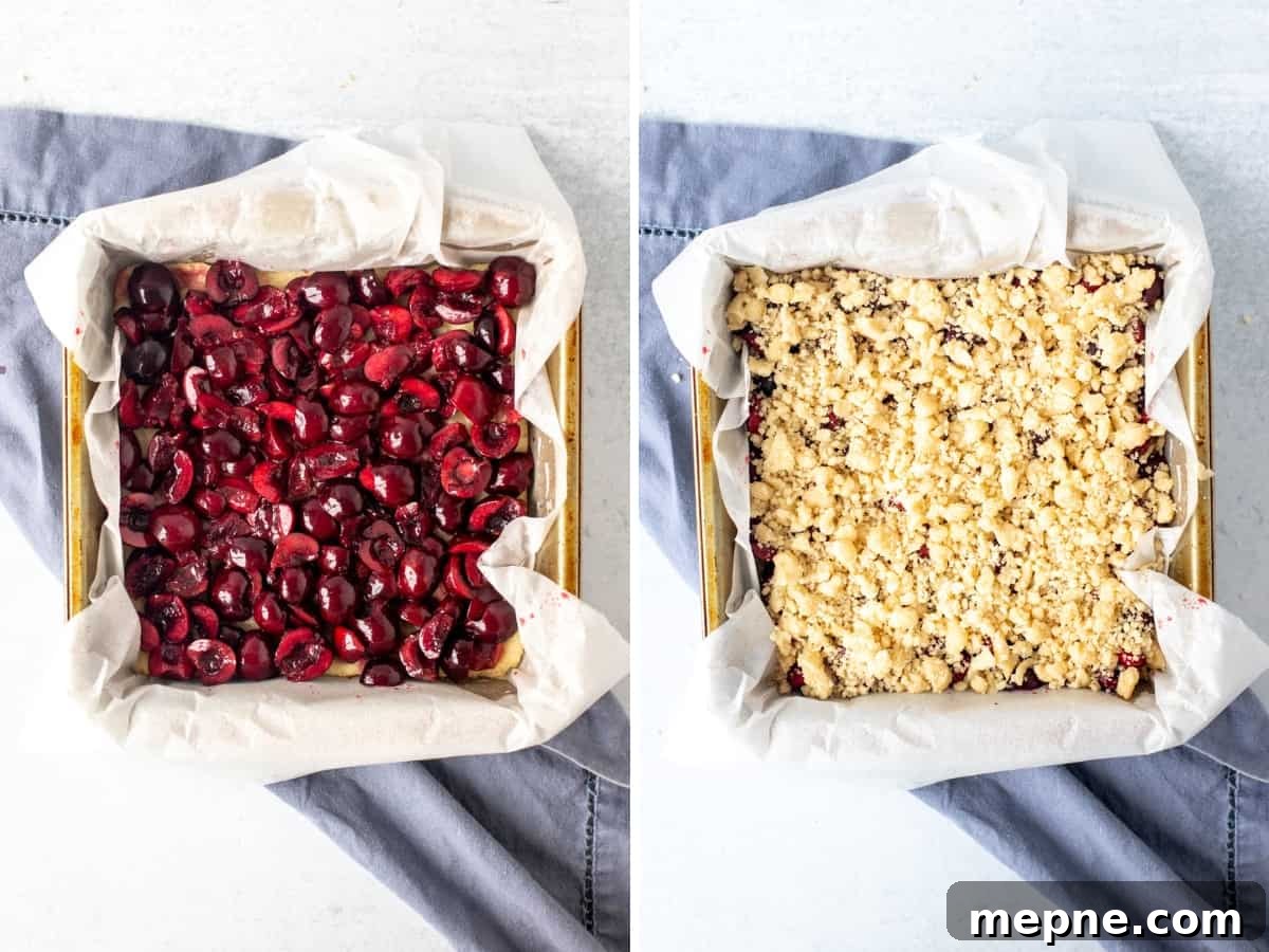 Homemade Cherry Crumb Bars Recipe 7 Pan of cherry crumb bars, after cherry layer is added and second photo of pan of unbaked cherry crumb bars
