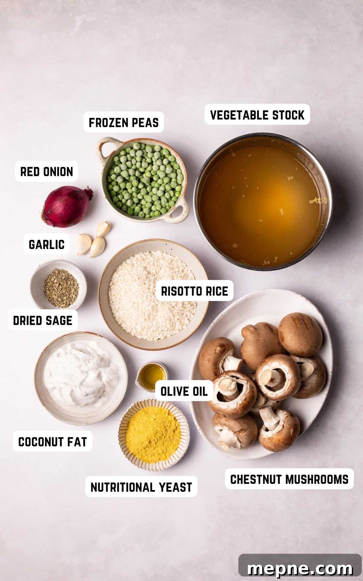 Ingredients to make Vegan Mushroom Risotto.