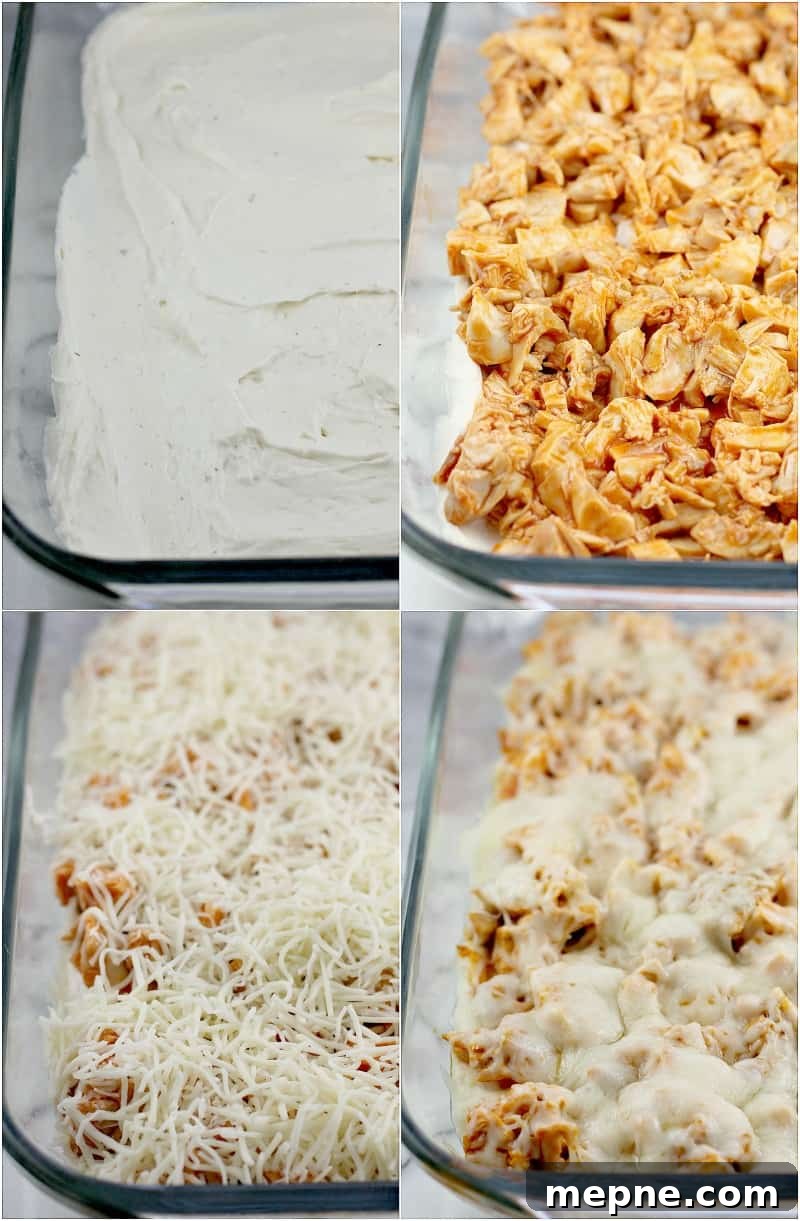 Cheesy Buffalo Chicken Dip with Bacon 4 Collage of 4 photos showing the different layers: cream cheese layer, chicken, cheese (uncooked), cheese (cooked)
