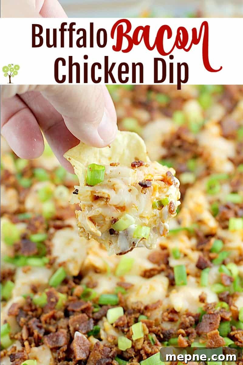 Cheesy Buffalo Chicken Dip with Bacon 7 Traditional cream cheese chicken dip brought to a whole new level with bacon! Buffalo Bacon Chicken Dip is a game-day perfect, crowd pleasing favorite. Easy to make and bring to all the parties. #dip #recipe #chicken #bacon #buffalodip #partyfood #appetizer #entertaining #creamcheesedip