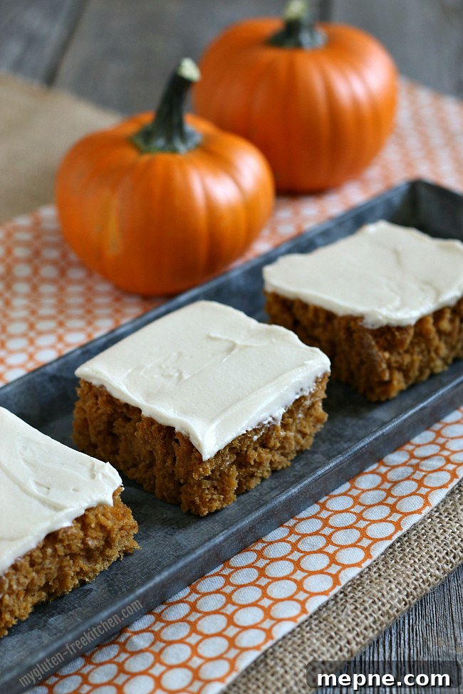 Gluten-Free Pumpkin Bars with Cream Cheese Frosting Recipe 2 Gluten-free Pumpkin Bars with Cream Cheese Frosting. These cake-like bars are a favorite fall treat. No fork needed!