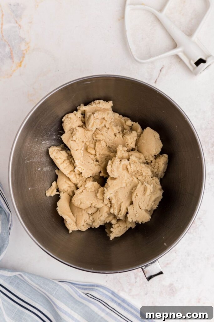 3 Ingredient Sugar Cookies Recipe 4 Soft dough in a mixing bowl with paddle attachment on the table next to it.