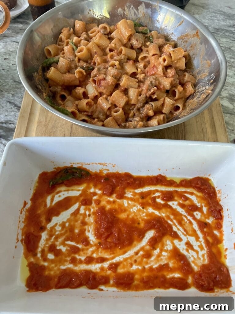 Bowl of pasta mixture next to tomato sauce-lined baking dish.