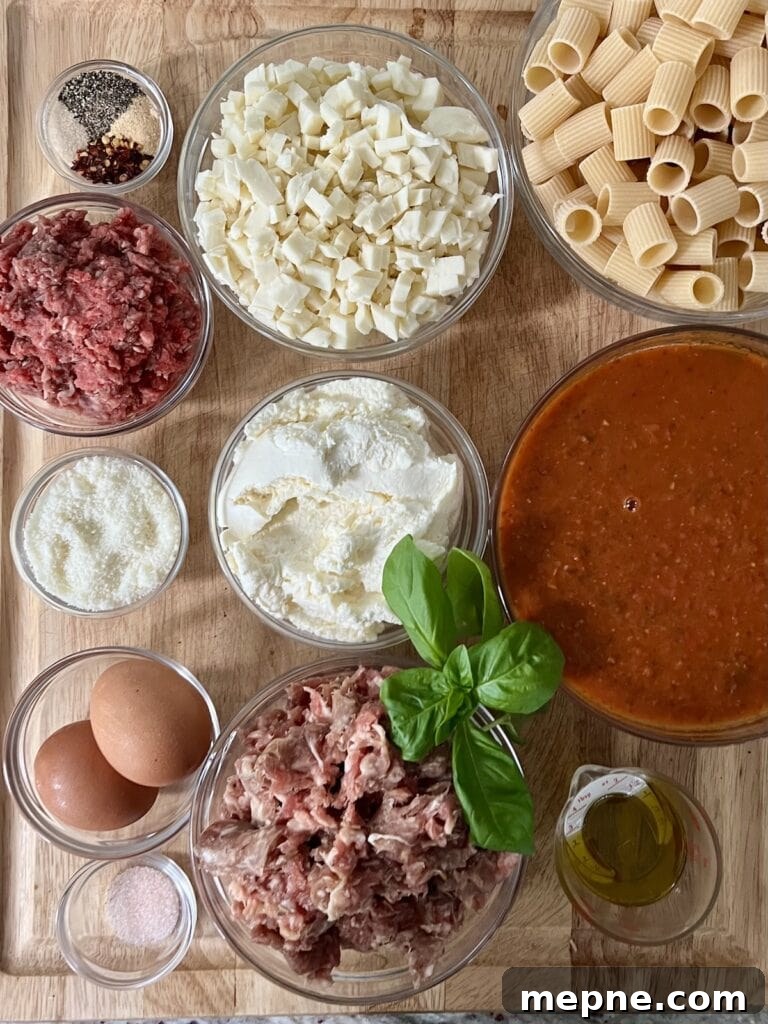 All ingredients for rigatoni and meat sauce on cutting board.