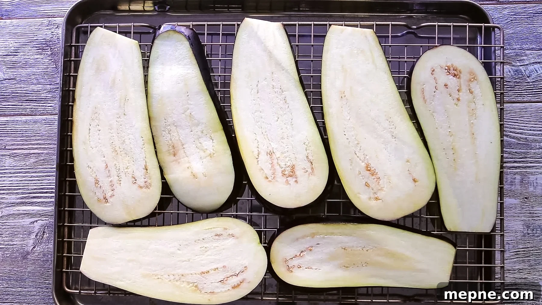 Salted Eggplant Noodles on a Baking Tray.