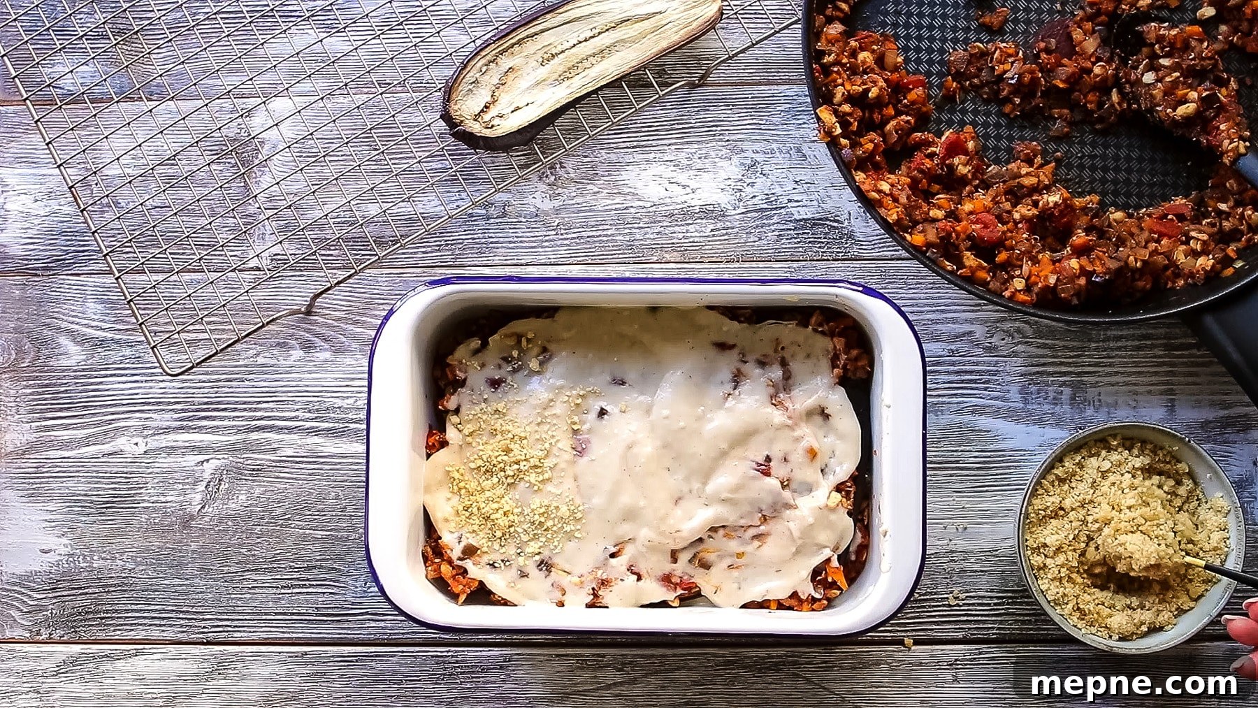 Assembling Vegan Eggplant Lasagna.