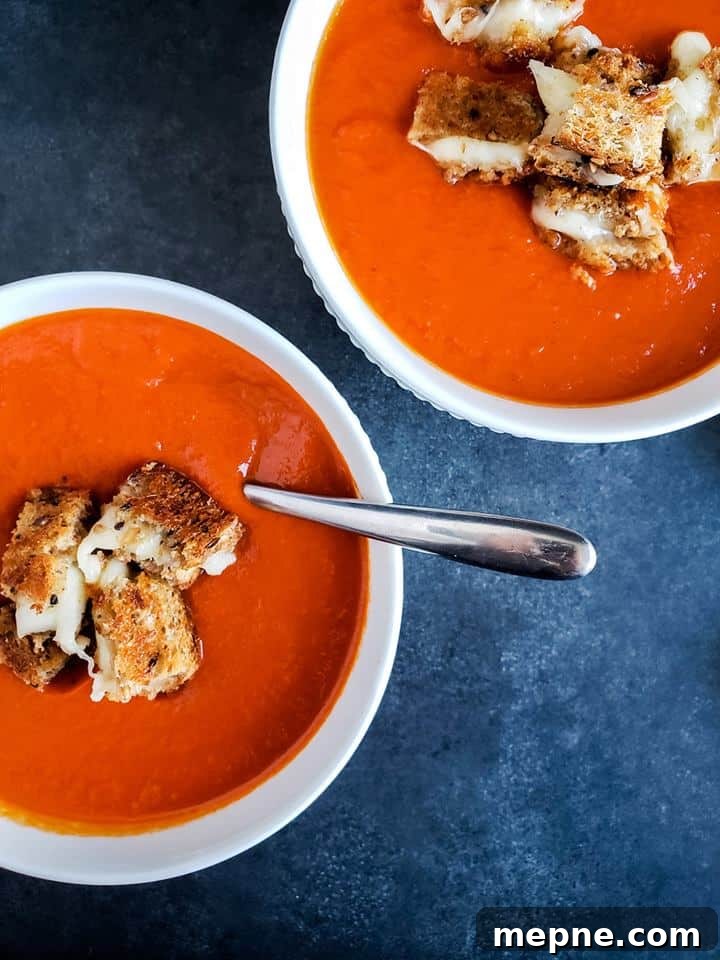 Roasted Red Pepper and Tomato Soup Recipe 2 Overhead shot of two white bowls of soup with one having a spoon in it.