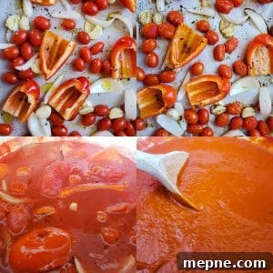 Roasted Red Pepper and Tomato Soup Recipe 3 Prep image for roasted red pepper tomato soup recipe. Collage of ingredients, roasted tray, simmering pot, and blended soup.
