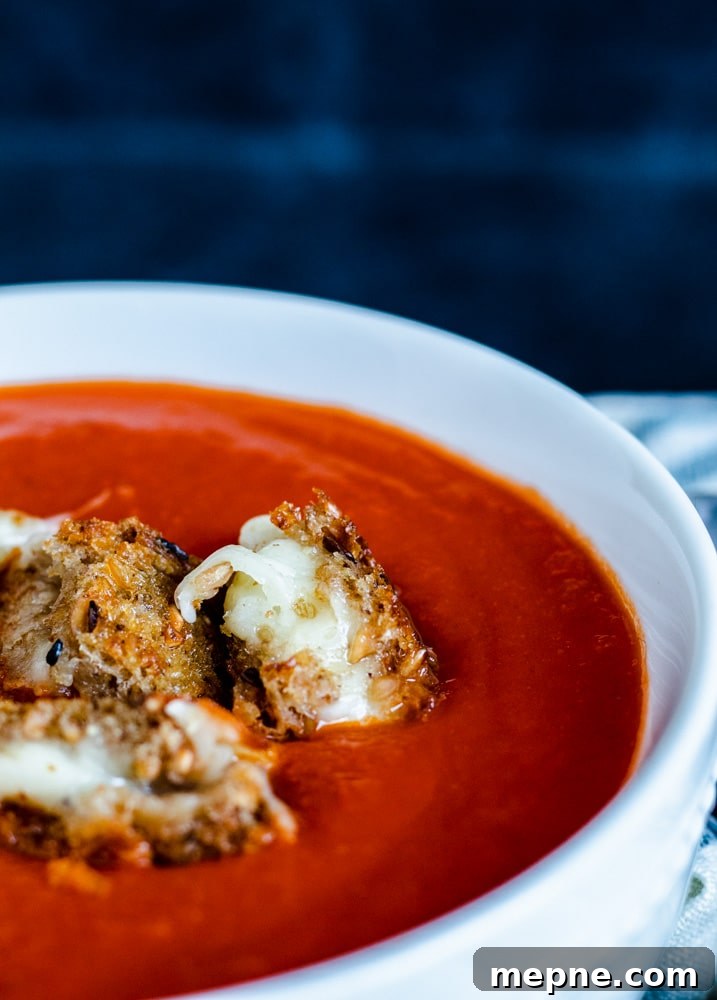 Roasted Red Pepper and Tomato Soup Recipe 4 Close up shot of soup in white bowl.
