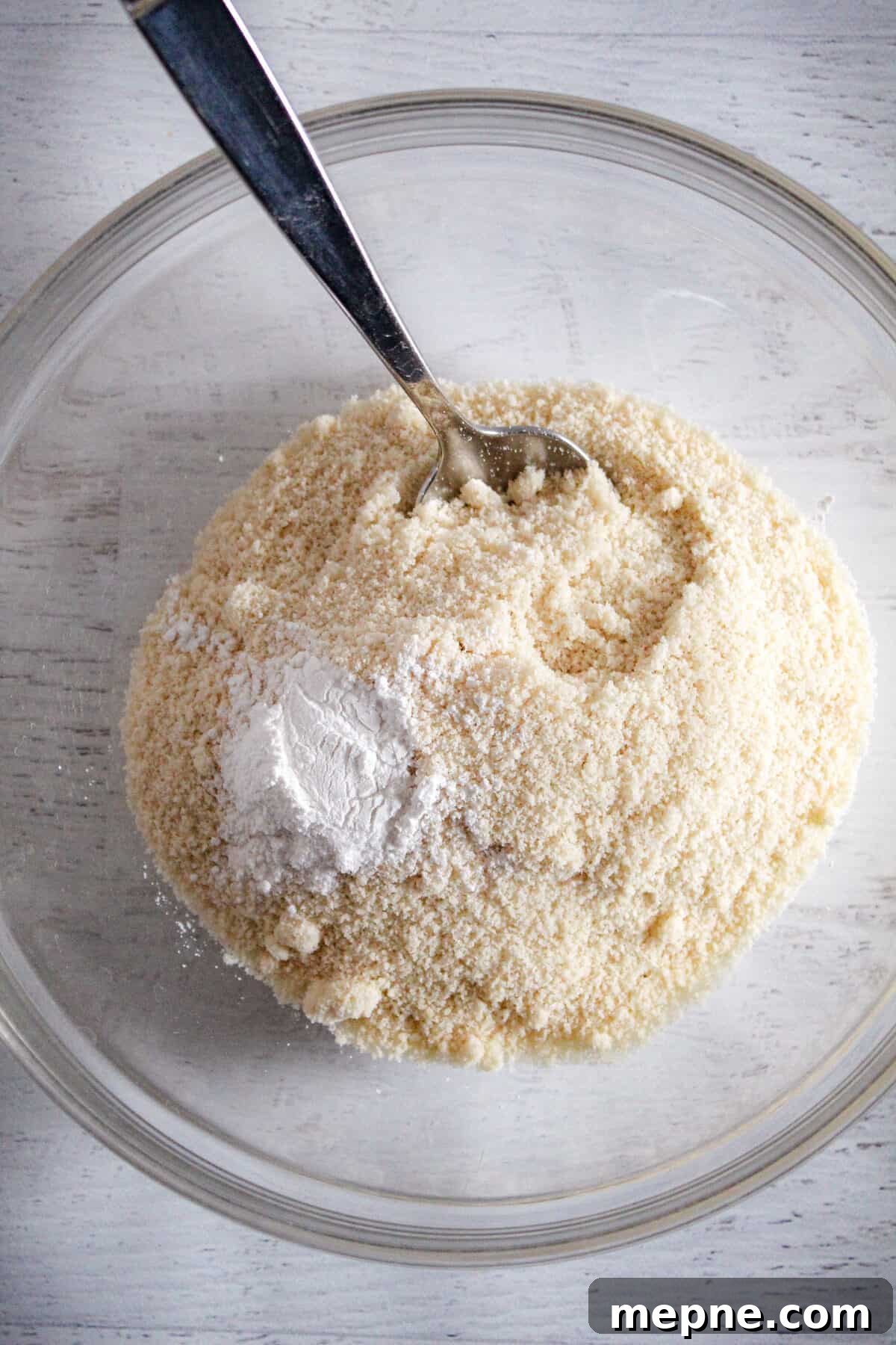 Moist Almond Flour Coffee Cake Recipe: Gluten-Free, Dairy-Free 6 dry ingredients in a glass bowl.