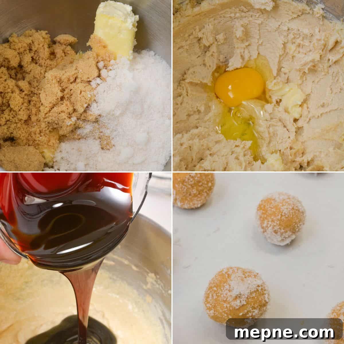 Homemade Soft Chewy Ginger Molasses Cookies Recipe 5 Four images show mixing sugar and butter, adding eggs, pouring in molasses, and shaping dough balls coated in sugar on a baking sheet.