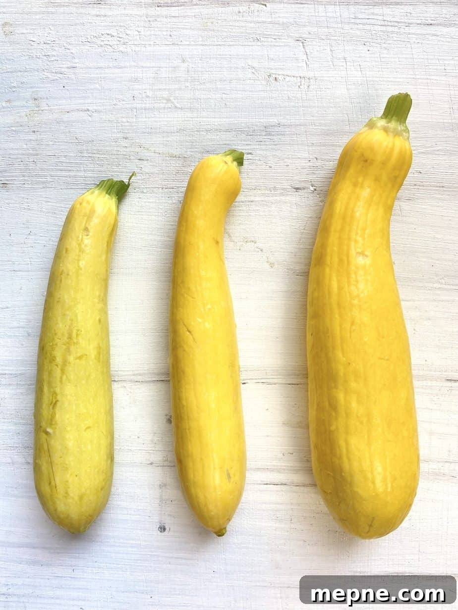 Southern Sauteed Yellow Squash with Caramelized Onions 3 Three sizes of squash on a table.