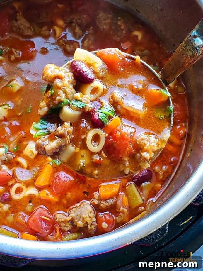 Instant Pot Olive Garden Copycat Pasta e Fagioli Recipe 4 instant pot pasta e fagioli soup in a ladle
