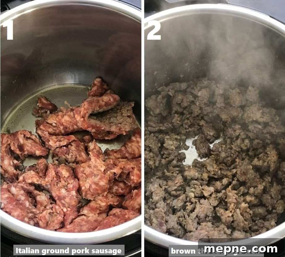 Instant Pot Olive Garden Copycat Pasta e Fagioli Recipe 5 browning sausage in instant pot