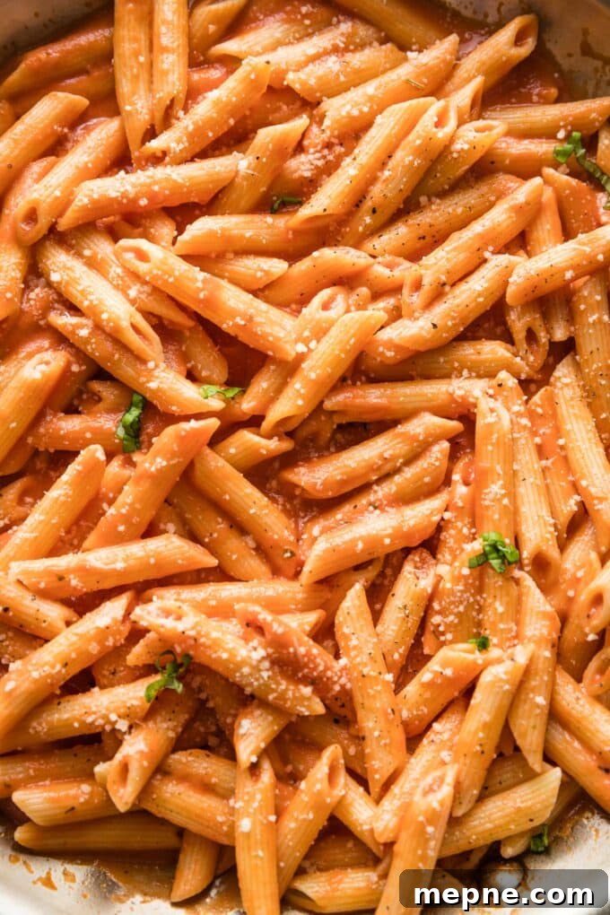 Close up of creamy tomato pasta tossed with fresh herbs and Parmesan cheese.