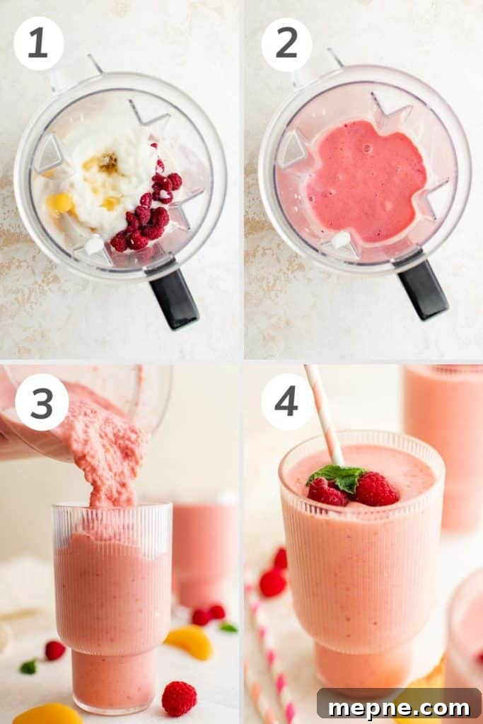 Creamy Peach and Raspberry Smoothie Recipe 3 Collage showing how to make a peach raspberry smoothie.