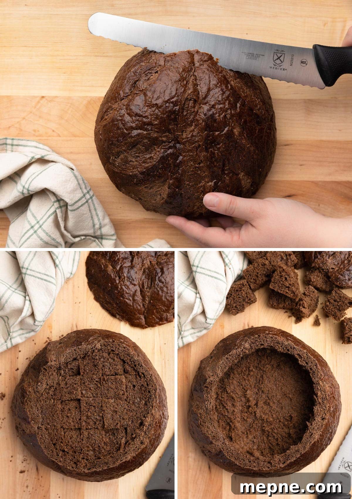 three overhead photos showing the process of making a bread bowl - 1) slicing the top off of the boule, 2) cutting out the inside of the bread, and 3) the hollowed out bread bowl