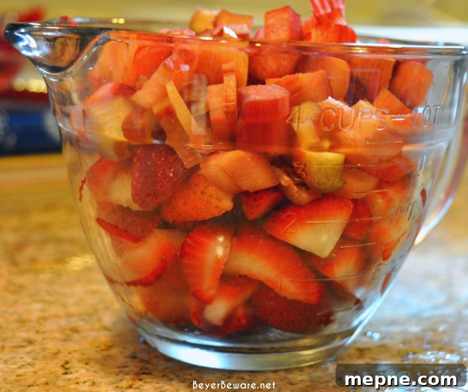 Close-up of strawberry and rhubarb filling for pie.