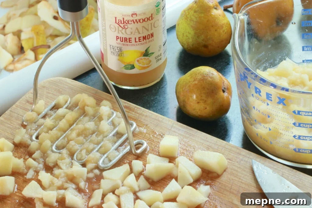 Peeling, coring, cutting, and mashing pears for pear jam recipe