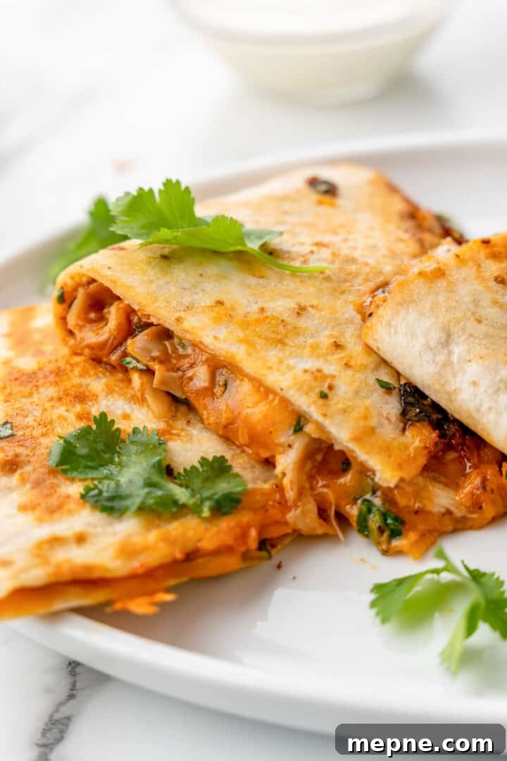 closeup of bbq chicken quesadillas