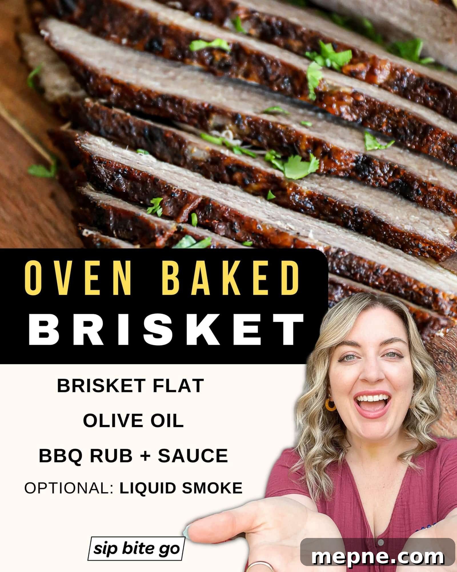 Infographic with recipe ingredient list for BBQ oven baked brisket Texas style