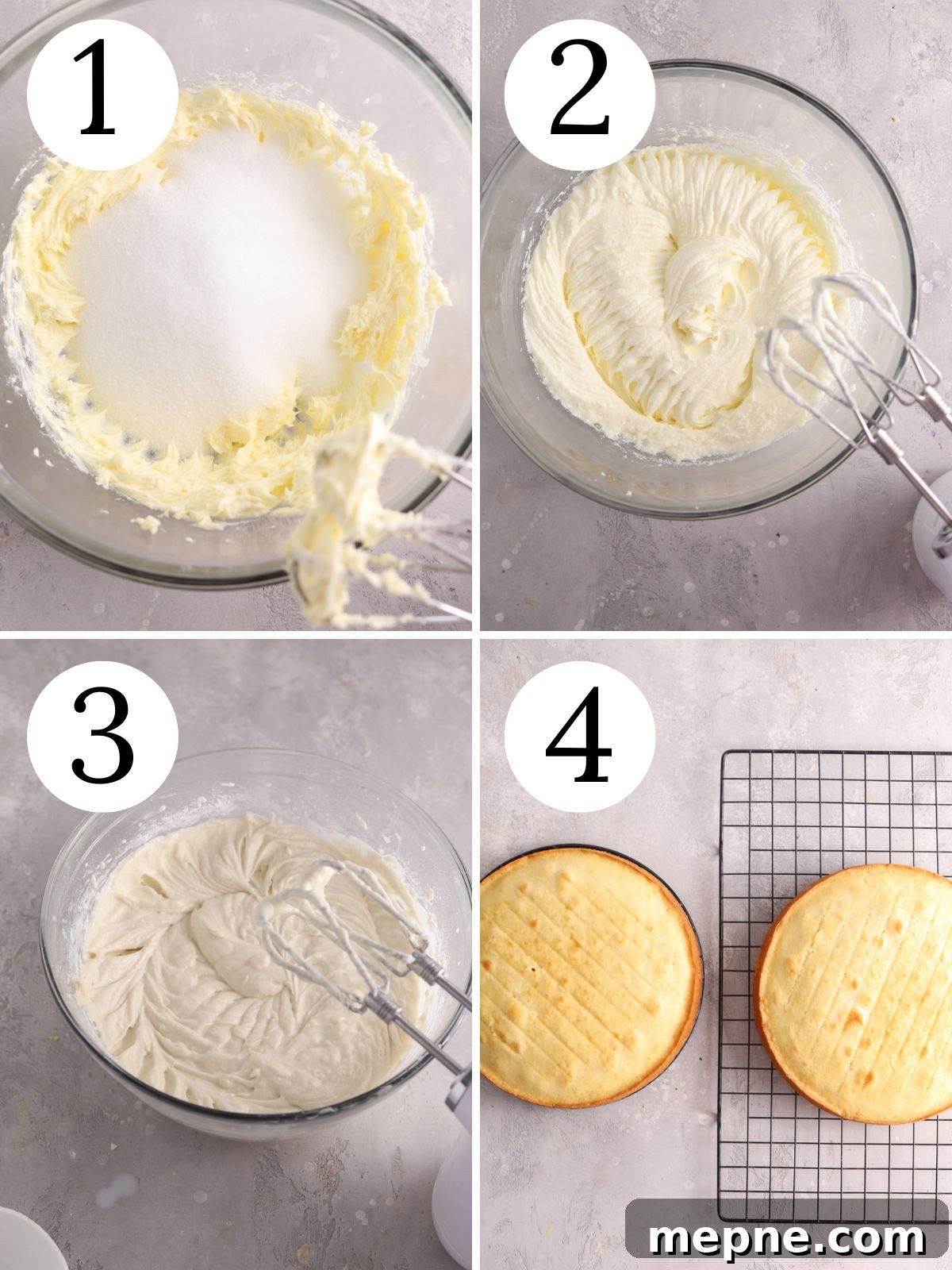 Mixed Berry Layer Cake with Fresh Berries 5 A collage of four numbered pictures showing how to make vanilla cake.