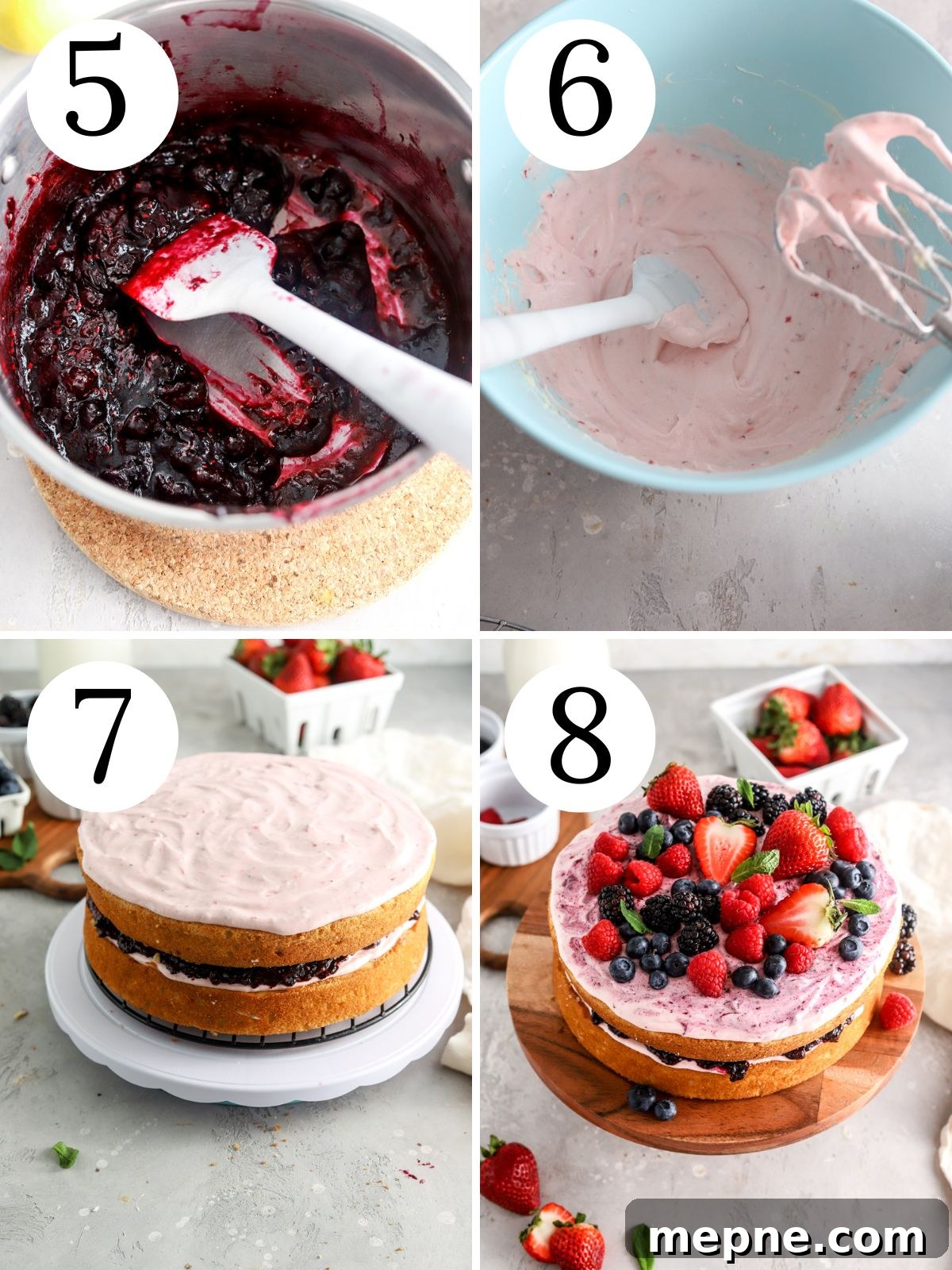 Mixed Berry Layer Cake with Fresh Berries 6 A collage of four numbered pictures showing how to make berry cake.