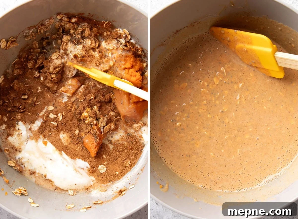 Two photos showing How to Make Pumpkin Overnight Oats - stirring the mixture together until well mixed.