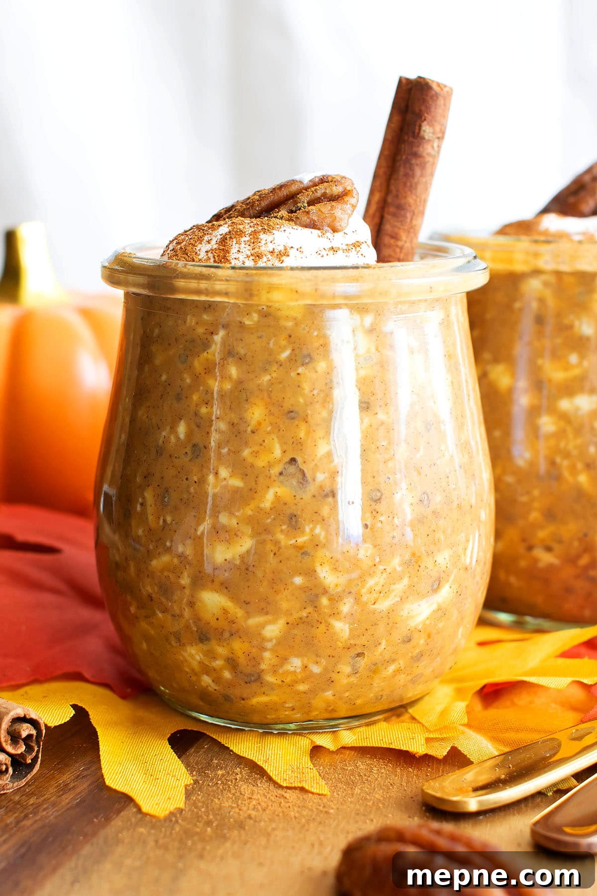 close up of pumpkin overnight oats shows the creamy texture that comes from refrigerating overnight
