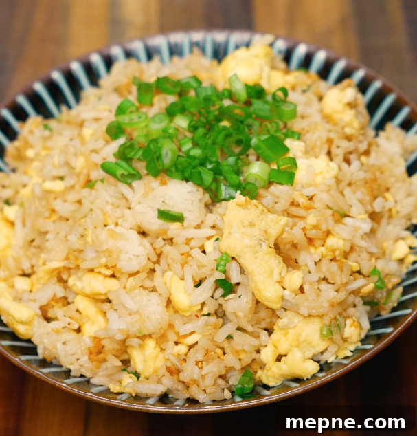 homemade egg fried rice in bowl with green onion garnish – healthy takeout-style meal