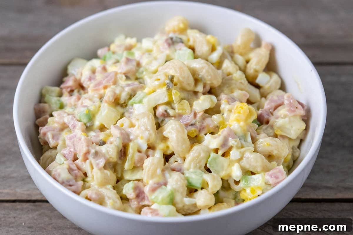Ham and Egg Salad Recipe with Creamy Dijon Dressing 6 Creamy ham pasta in a bowl.