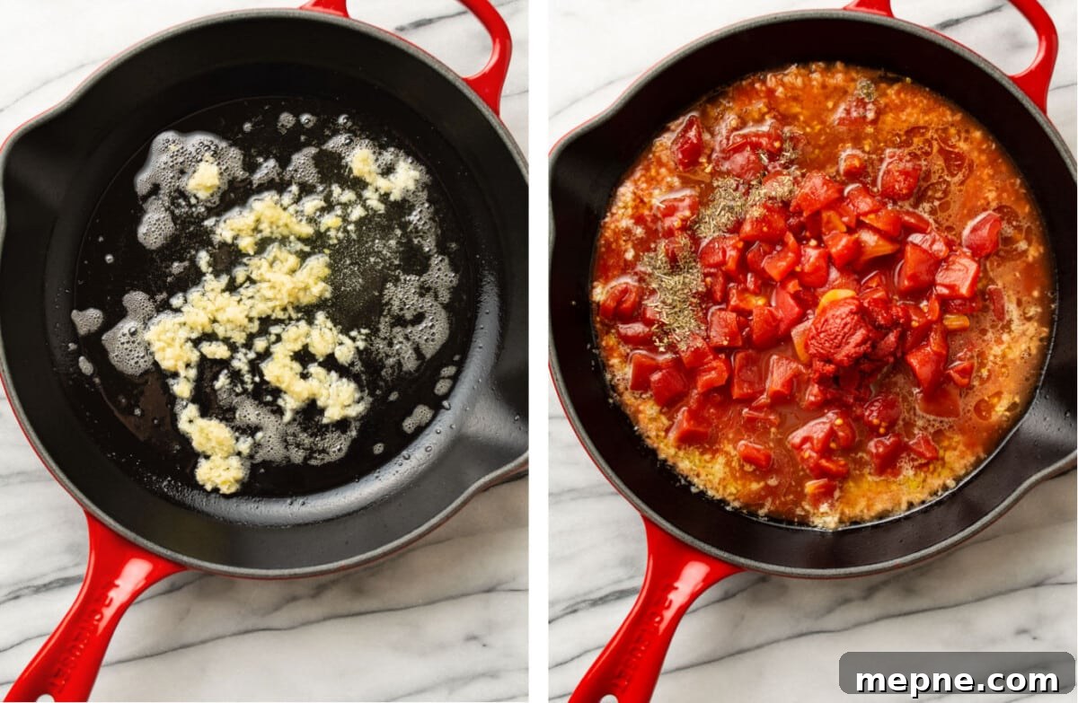 Homemade Gnocchi with Tomato Sauce 4 sautéing garlic in a skillet and adding tomatoes and seasoning