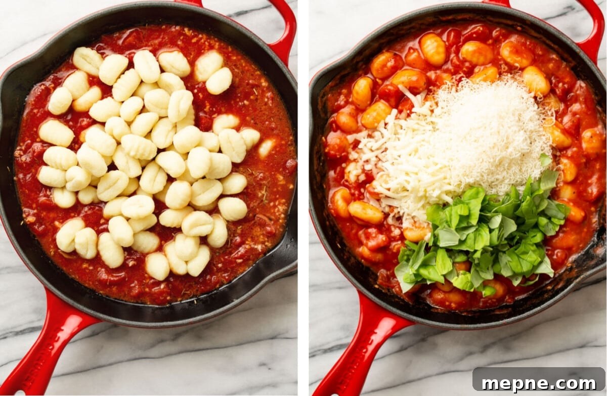 Homemade Gnocchi with Tomato Sauce 5 adding gnocchi to a skillet with tomato sauce and stirring in cheese and basil