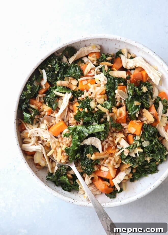 Savory Farro Bowl with Chicken, Sweet Potatoes and Kale 2 This farro bowl with chicken, kale and sweet potatoes is one of my favorite healthy meals!