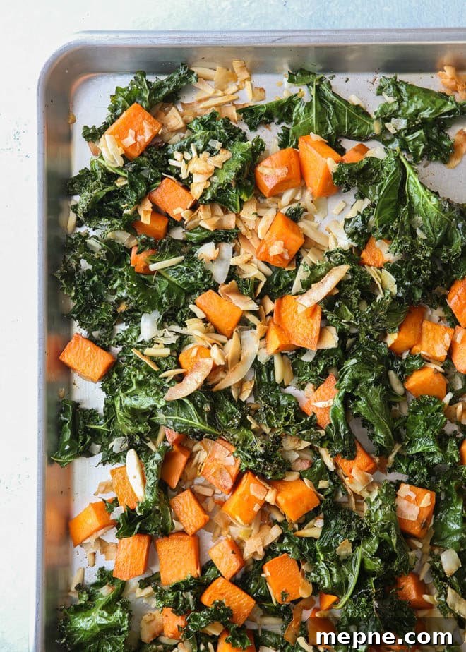 Savory Farro Bowl with Chicken, Sweet Potatoes and Kale 4 Roasted sweet potatoes and kale with shredded coconut and almonds