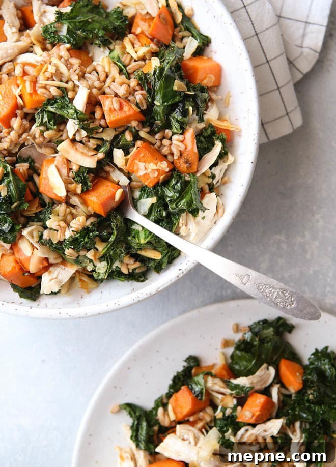 Savory Farro Bowl with Chicken, Sweet Potatoes and Kale 5 This farro bowl with chicken, kale and sweet potatoes is one of my favorite healthy meals!