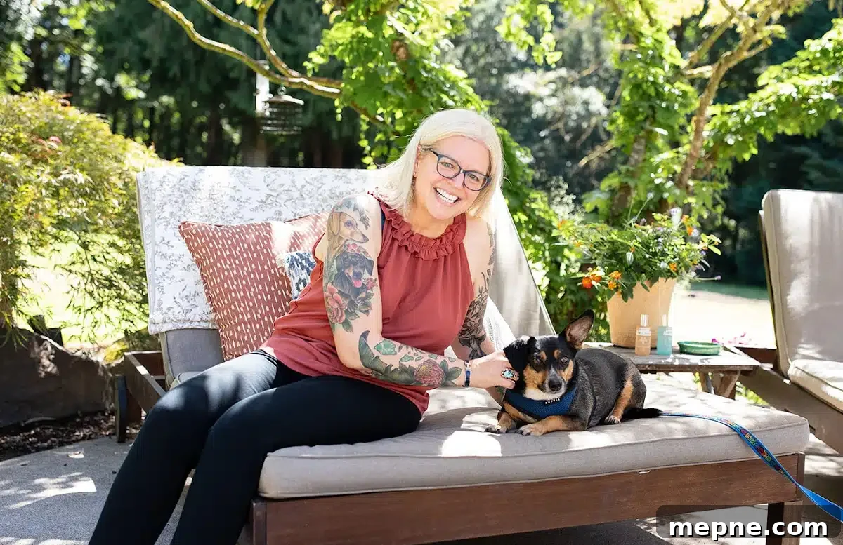 Red Curry Chia Pudding with Savory Thai Flavors 8 Kristina sits on a deck chair in the back yard with her dog, Dutch.