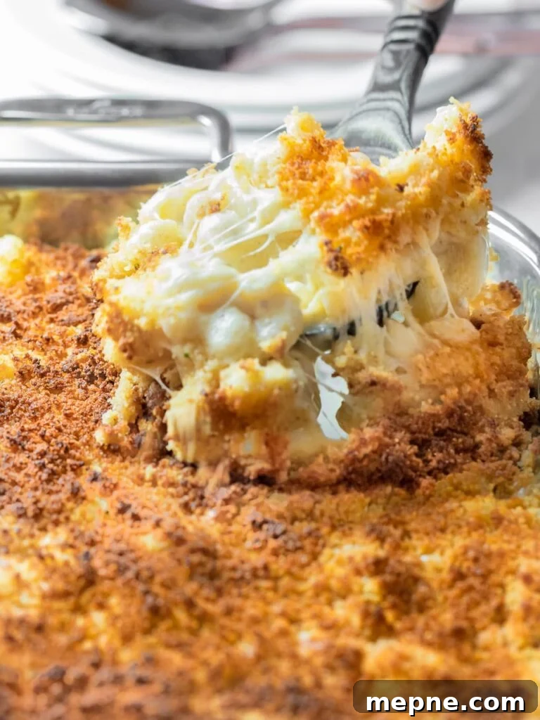 spoonful of southern baked mac and cheese with a golden brown breadcrumb topping