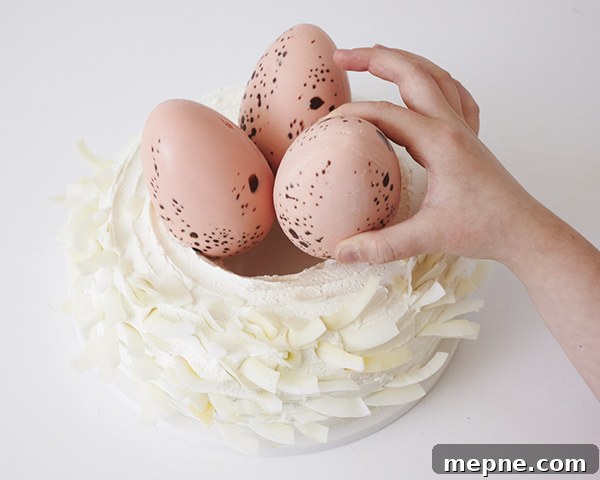Chocolate Easter Nest Cake Recipe 5 Easter Nest Cake - how to make a nest cake with roasted coconut and chocolate eggs for Easter dessert | by Cakegirls for TheCakeBlog.com