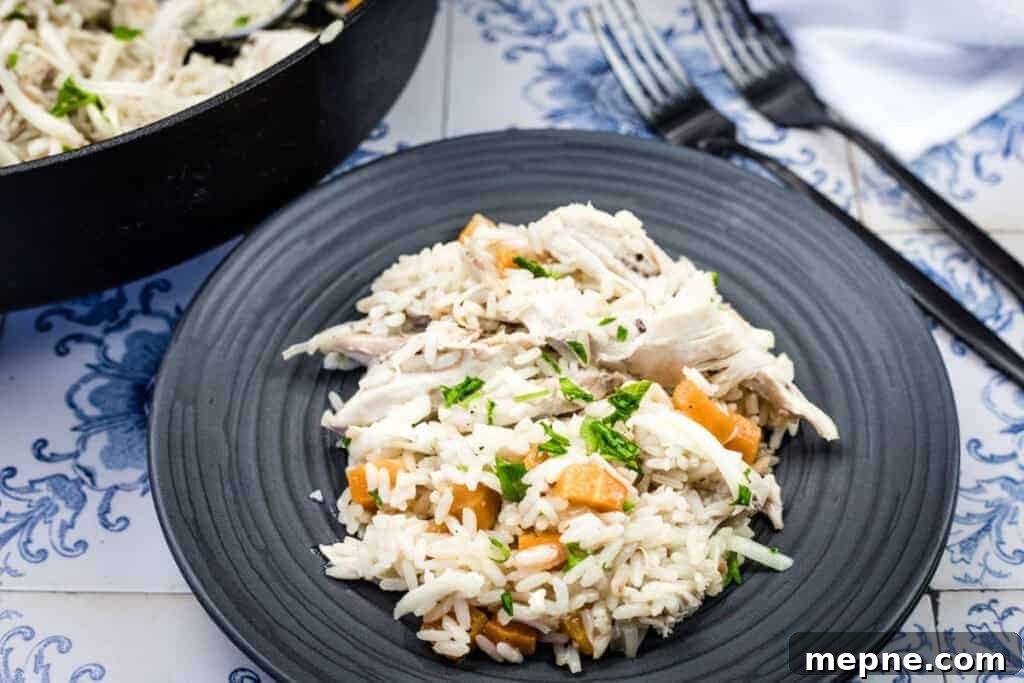 31 Southern Recipes That Belong in Your Dinner Rotation 16 A black plate with a serving of Chicken Bog.