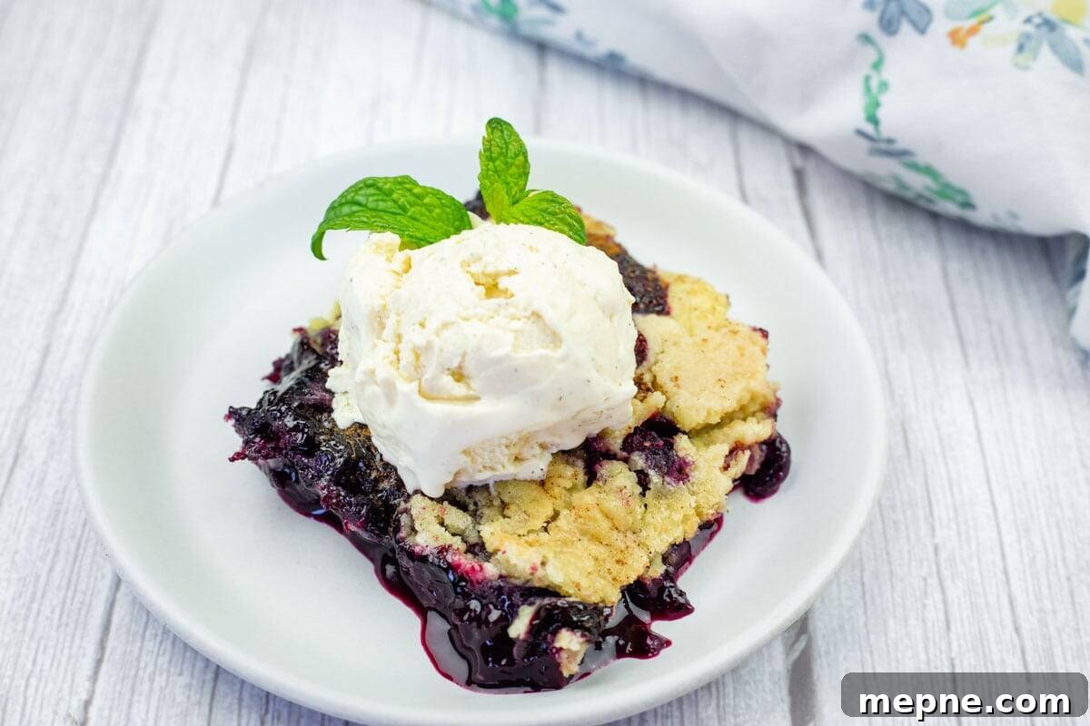 31 Southern Recipes That Belong in Your Dinner Rotation 19 A serving of blueberry dump cake topped with a scoop of vanilla ice cream and a sprig of mint on a white plate.
