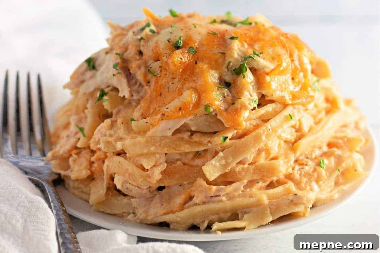 31 Southern Recipes That Belong in Your Dinner Rotation 6 A plate of Chicken Tetrazzini topped with melted cheese and sprinkled with chopped herbs, with a fork and napkin beside it.