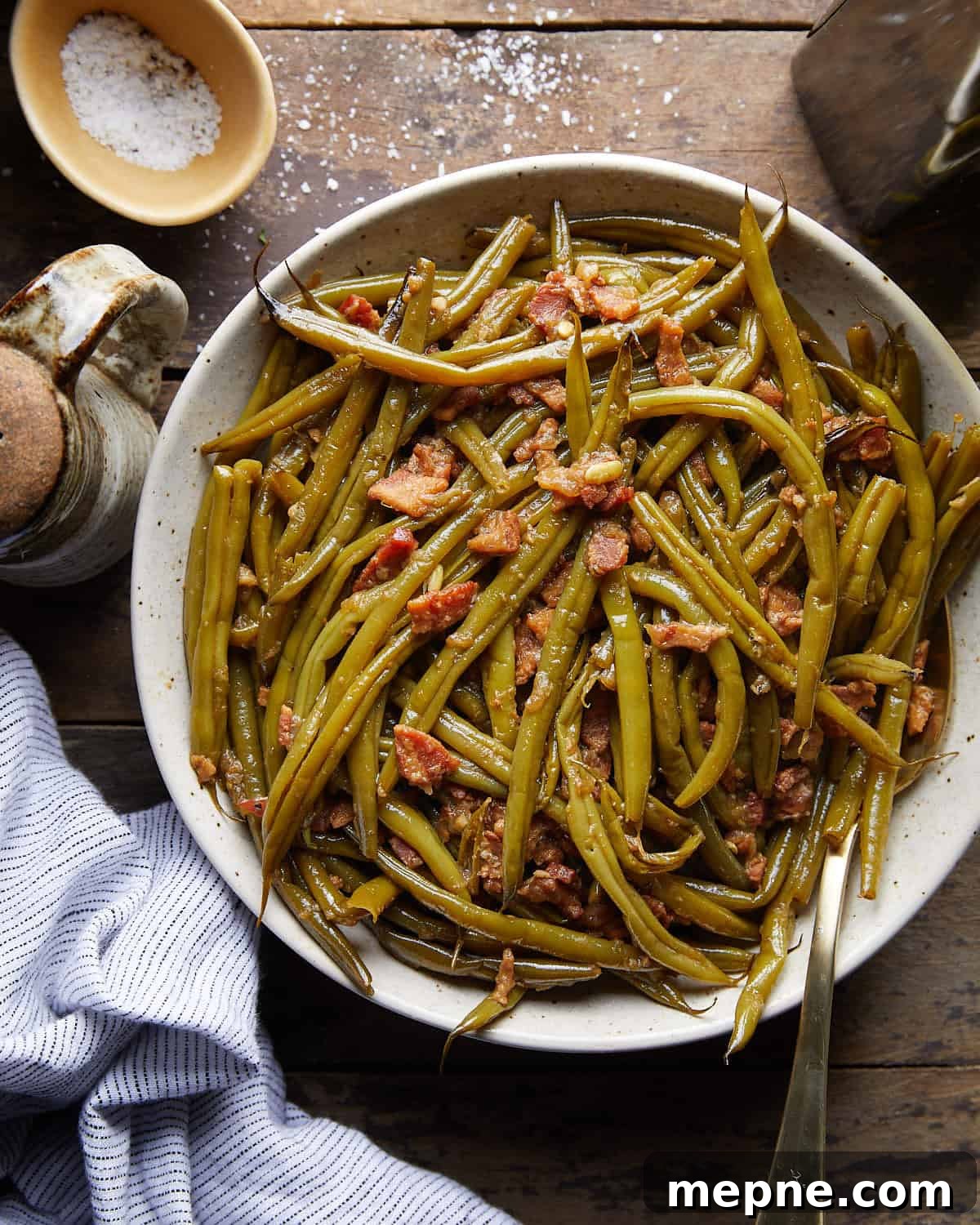 Crockpot Southern-Style Green Beans Recipe 2 Overhead image of crockpot green beans (country style).