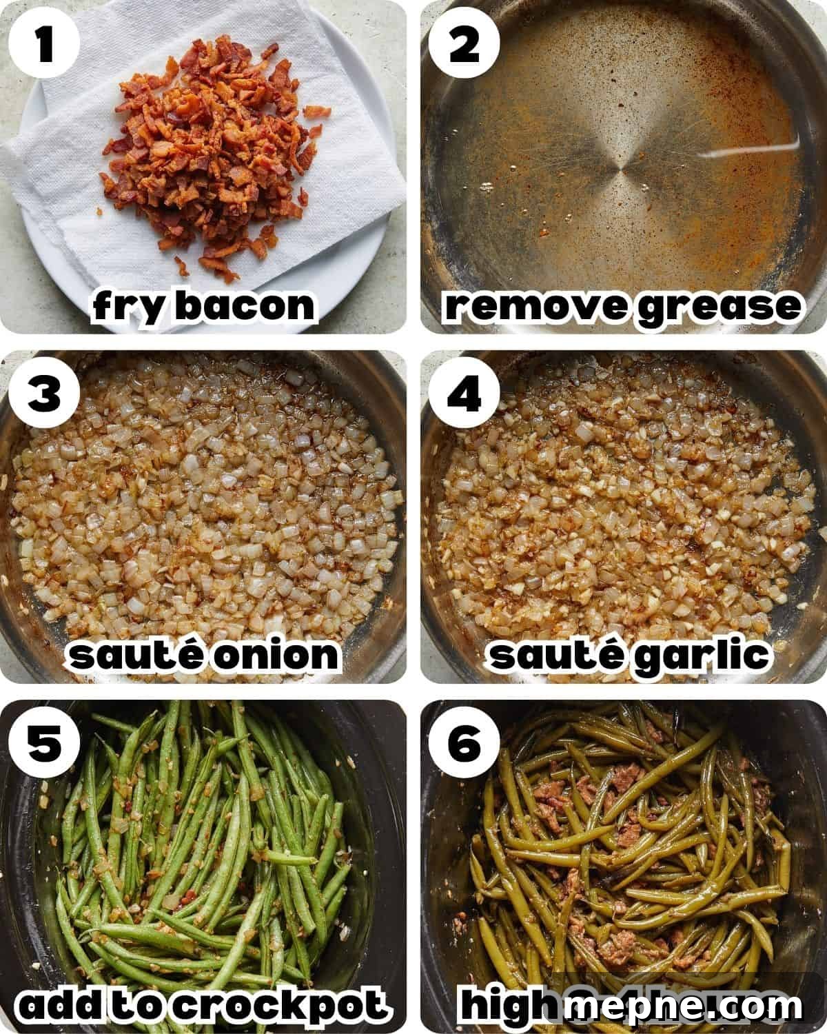 Crockpot Southern-Style Green Beans Recipe 4 A 6 photo collage showing the assembly of crockpot green beans.