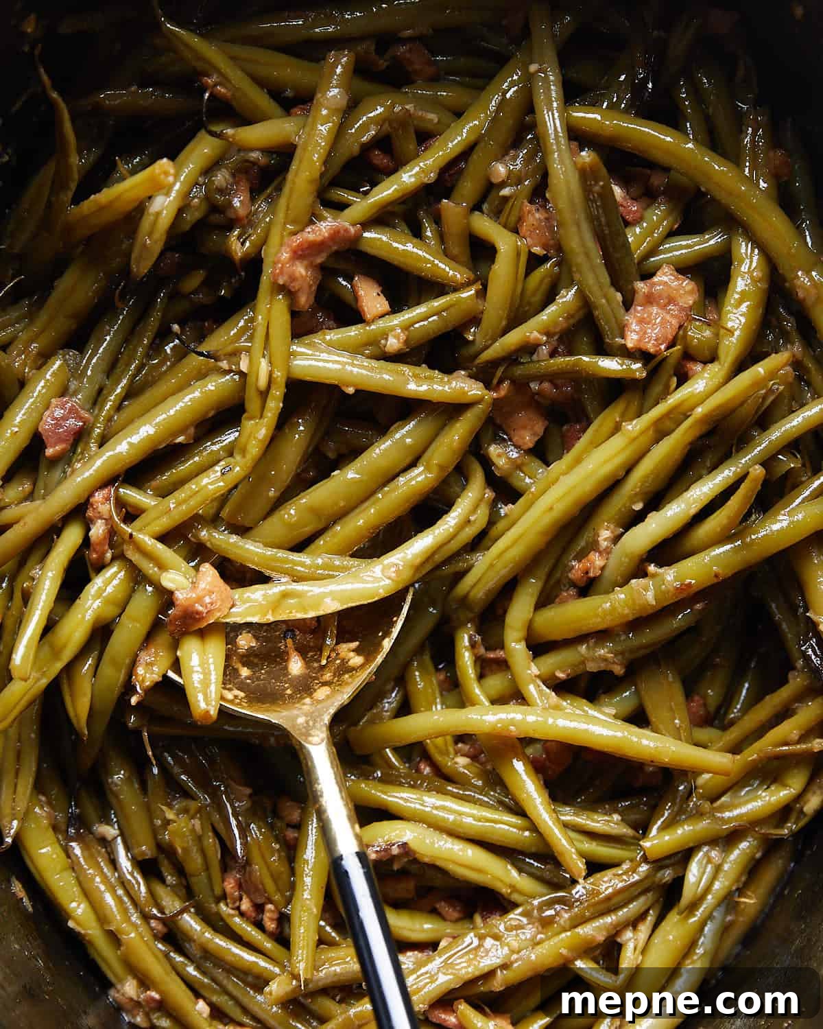 Crockpot Southern-Style Green Beans Recipe 5 Up close overhead image of crockpot green beans.