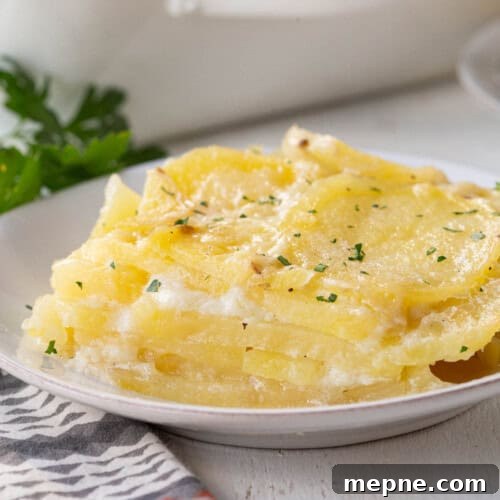 layers of scalloped potatoes on a white plate.
