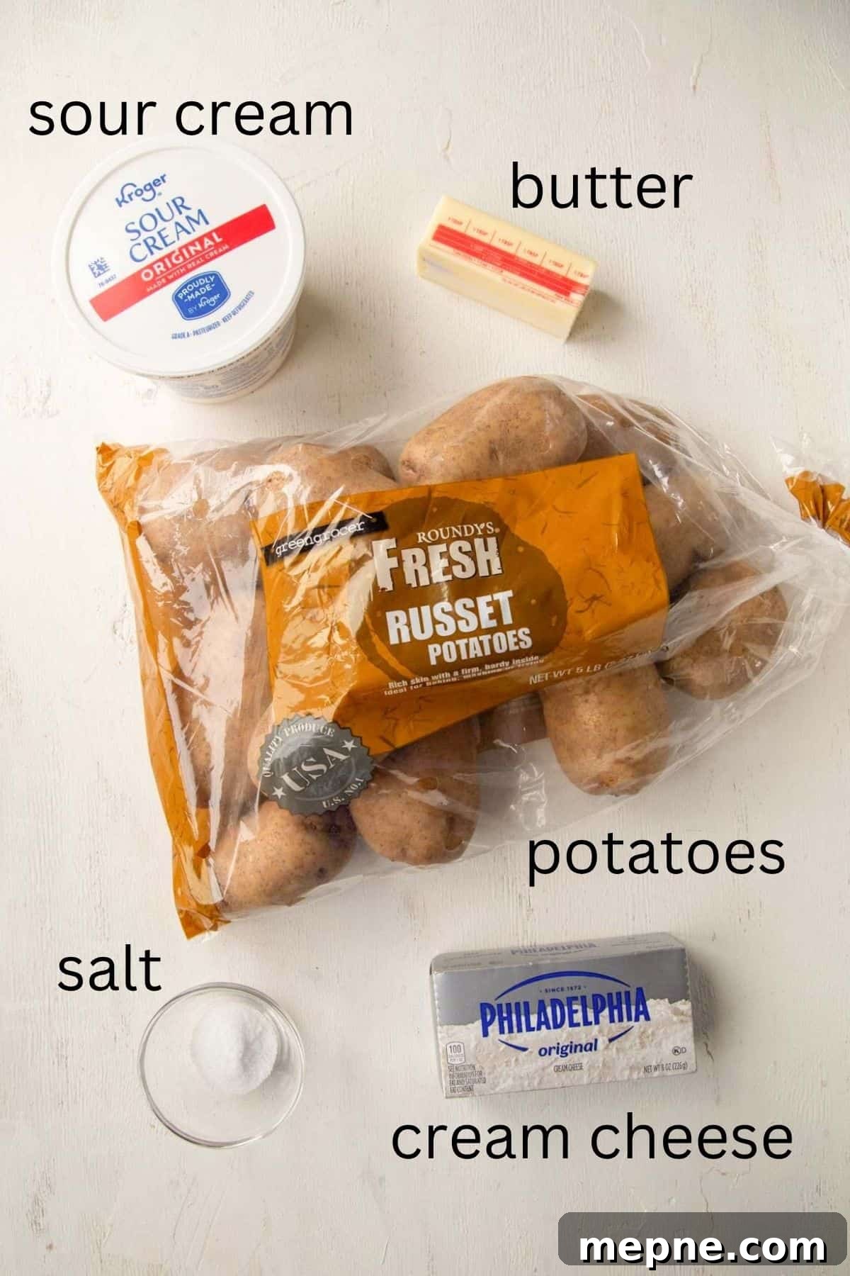 potatoes, sour cream, cream cheese, butter, and salt.