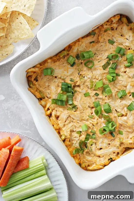 Creamy dairy free buffalo chicken dip with bold flavor, shredded chicken and no cheese, milk, eggs or mayo. Dairy Free Buffalo Chicken Dip in a baking dish with chips & veggies to the side.