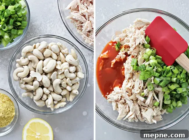 Ingredients for dairy free buffalo chicken dip including cashews, shredded chicken and green onions. Cashews, shredded chicken and green onions in glass bowls.